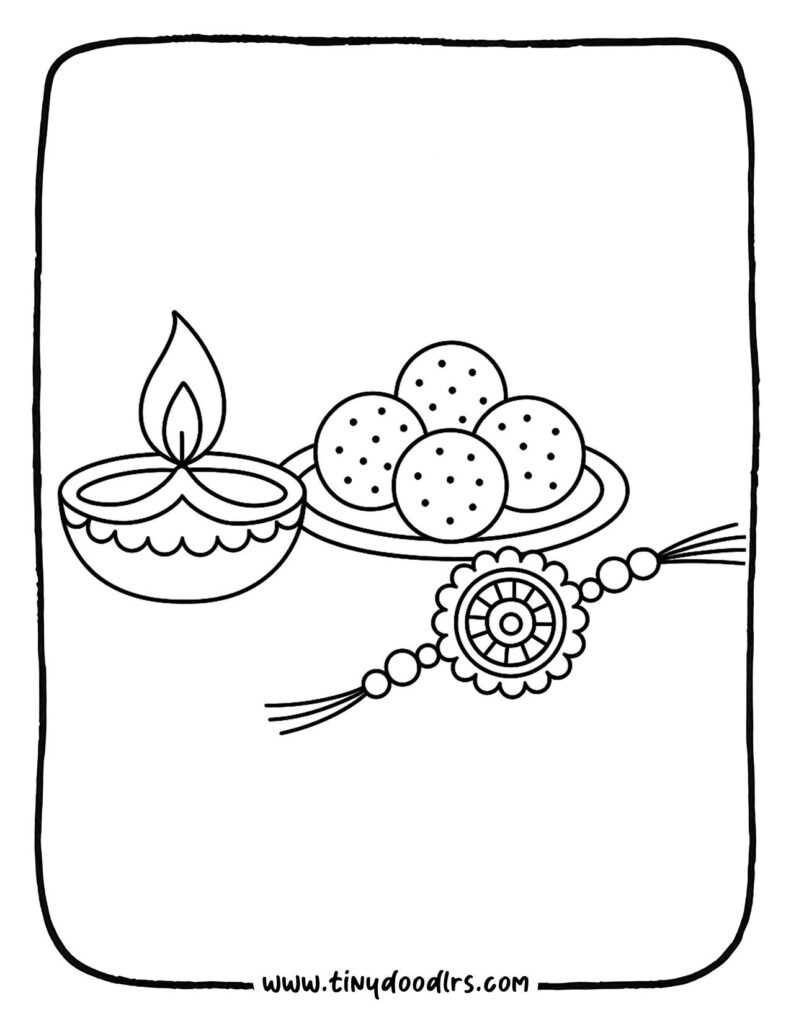 Brother and sister Rakshabandhan drawing with sweets and diya coloring page