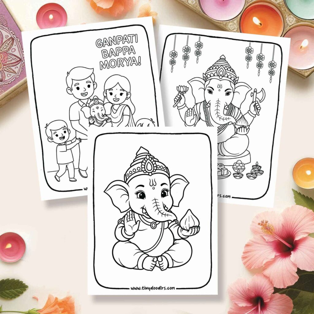 10+ Free Ganpati Bappa Drawing and Coloring Pages with Modak, Flowers & Pandal Decoration