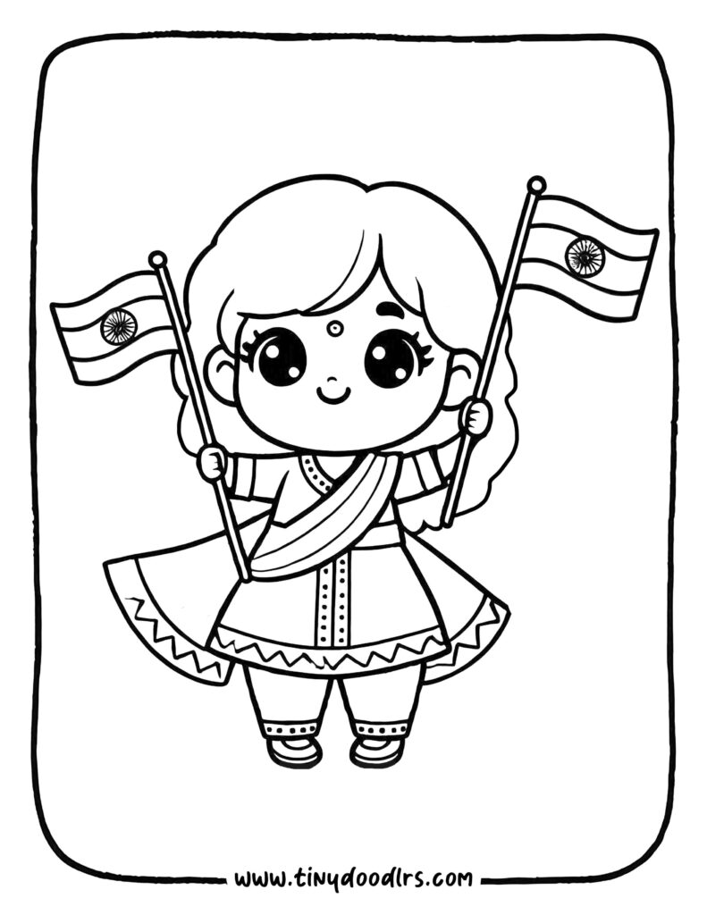 Cartoon kids holding India flag drawing for Independence Day coloring