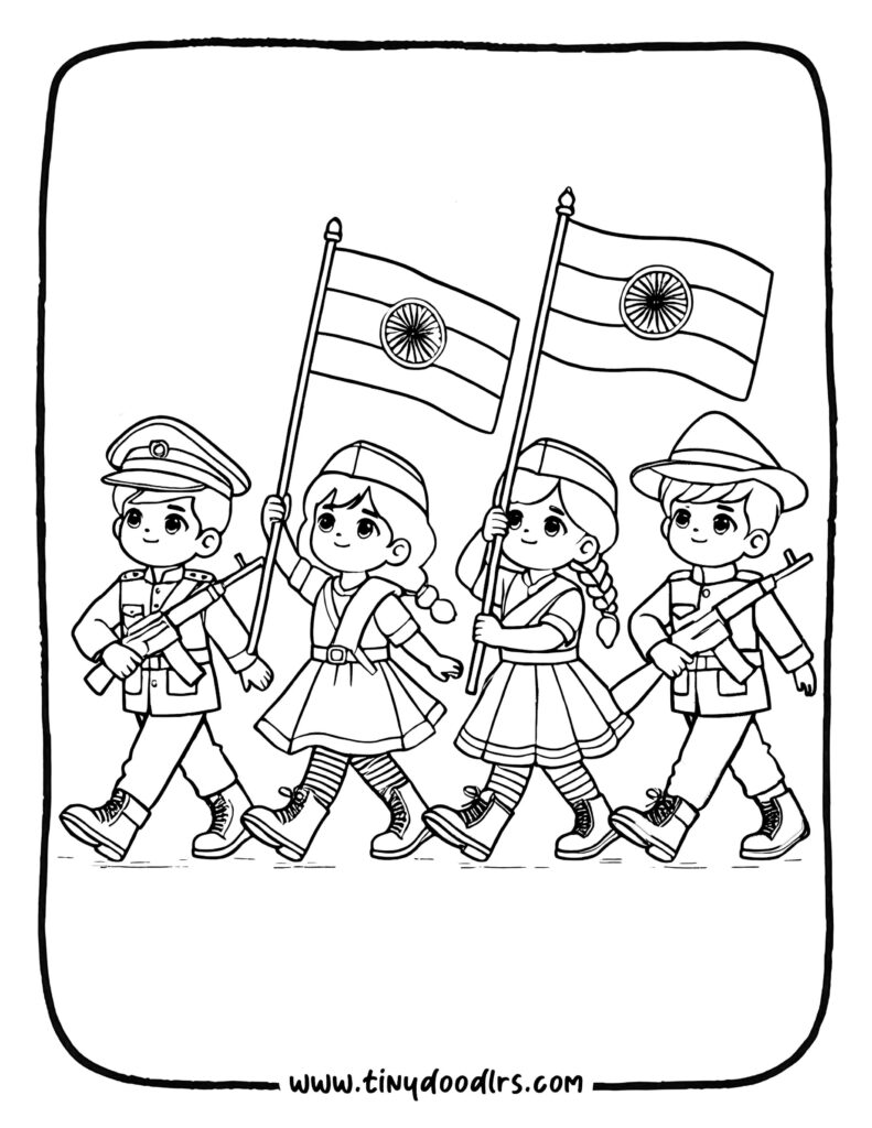 Children holding Indian flag drawing