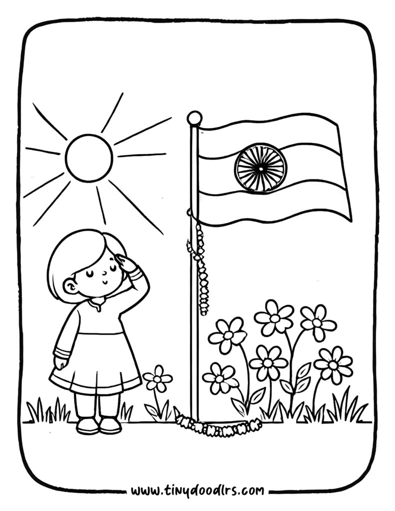 Printable India flag drawing with Red Fort background coloring page