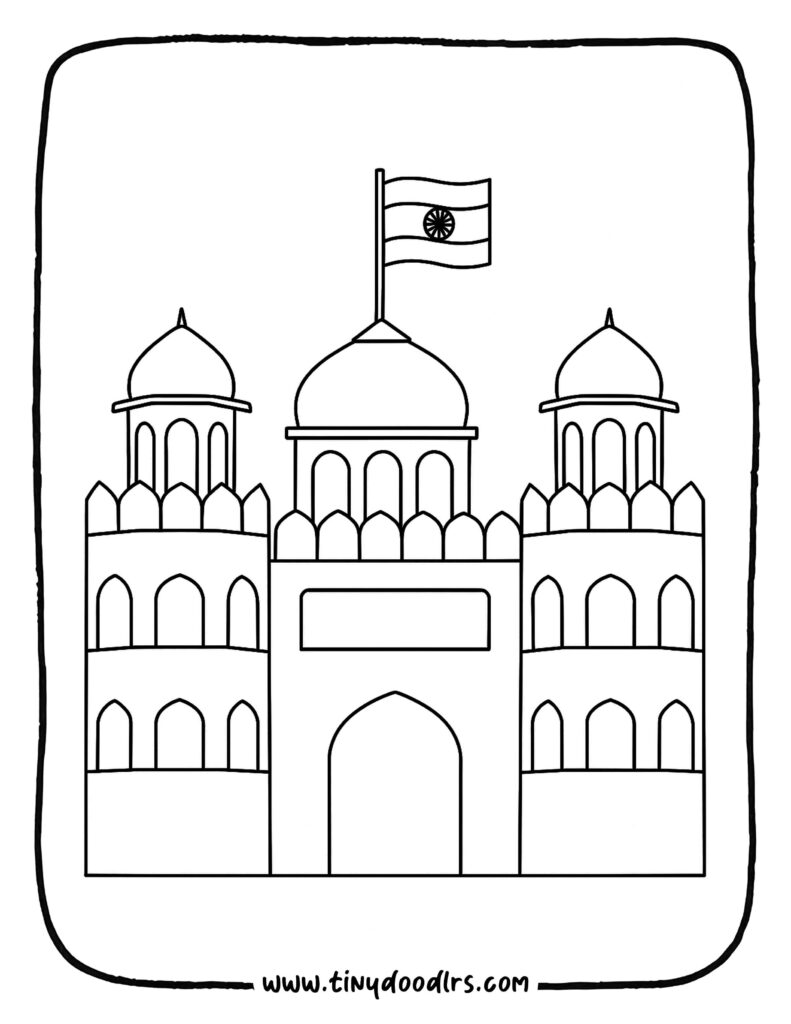 Simple Red Fort drawing with flag
