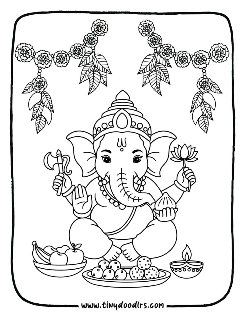 Ganpati Bappa drawing with torans and marigold flower decoration