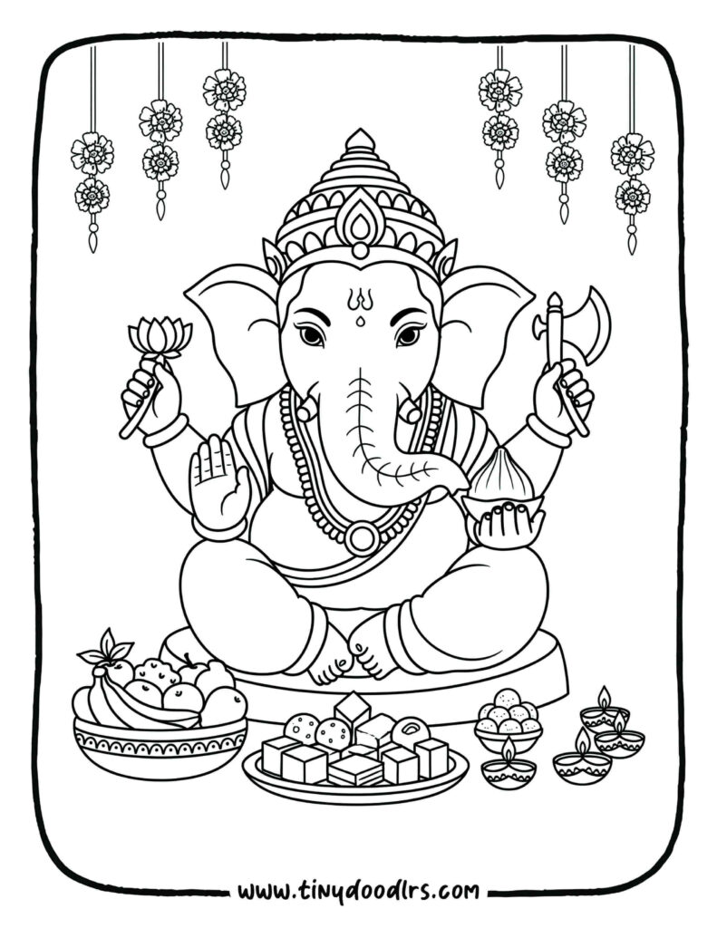 Cute Ganpati Bappa drawing for kids with festive hanging flower