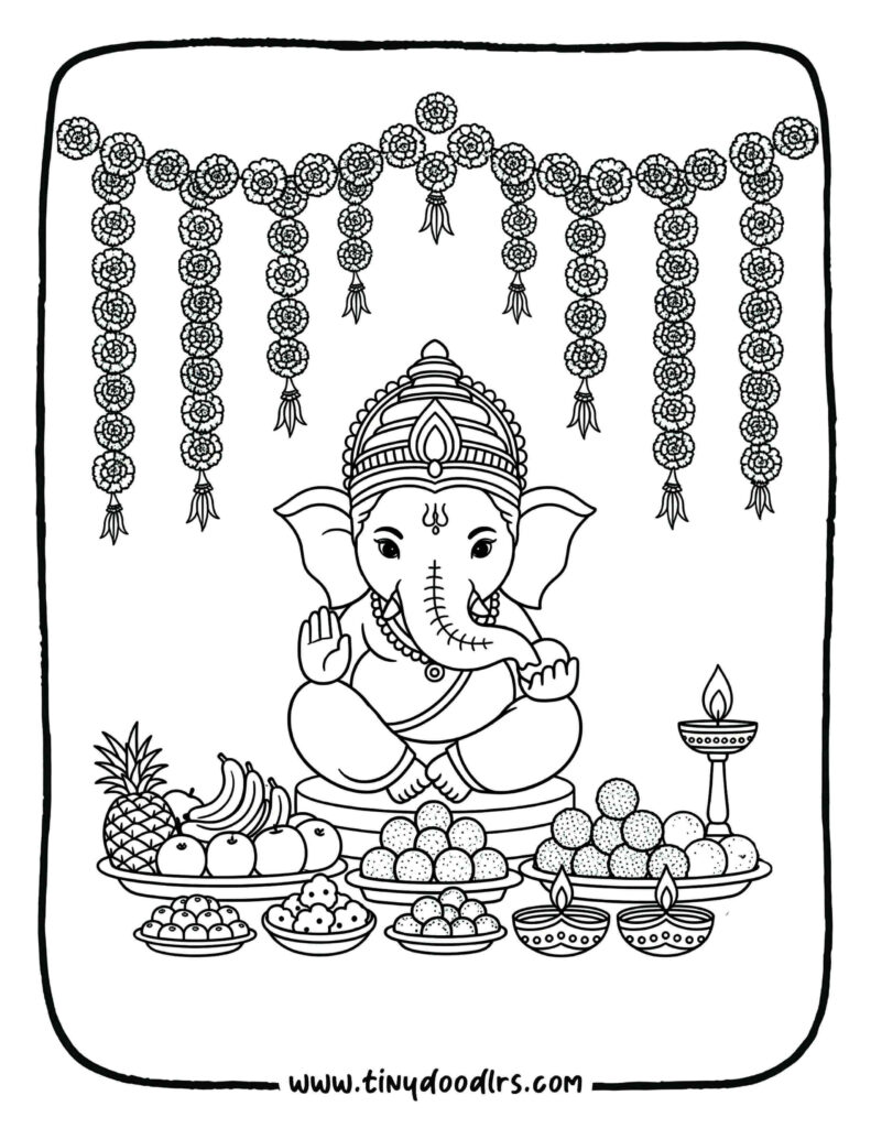 Ganpati Bappa drawing idol decorated with marigold garlands and torans