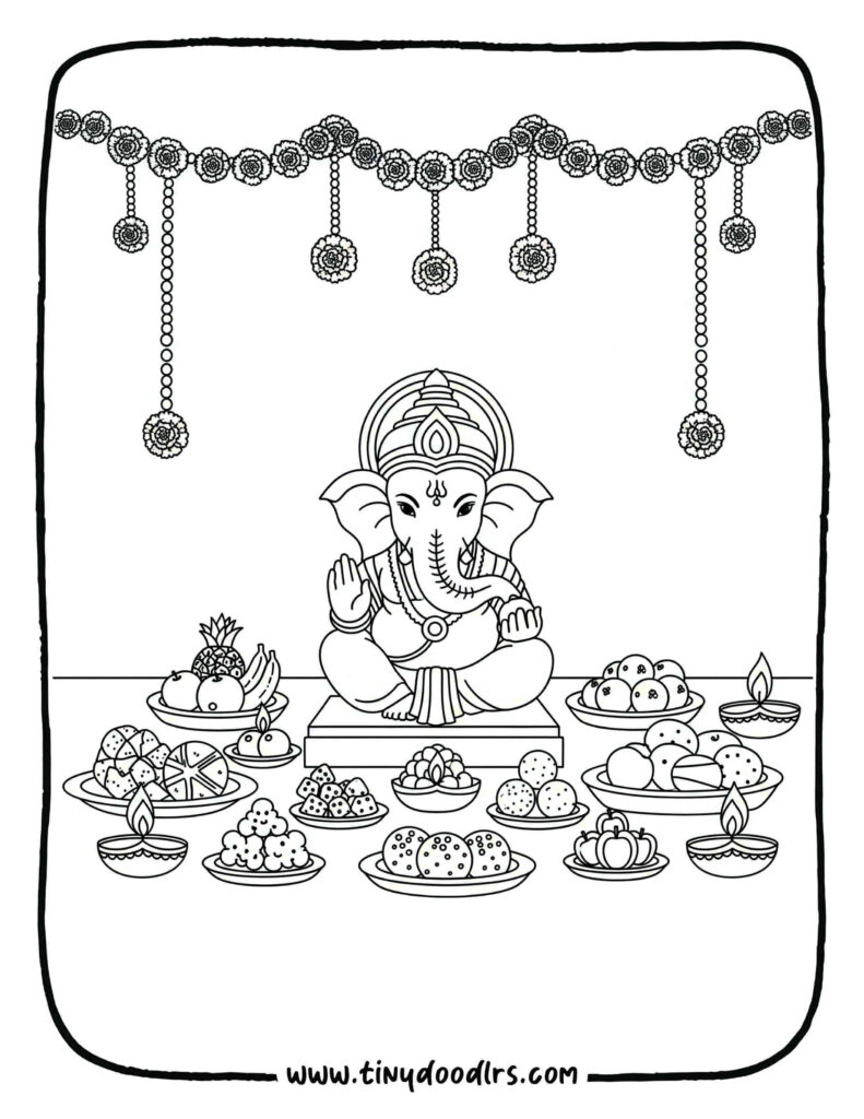 Simple Ganpati Bappa drawing with flowers and festive backdrop