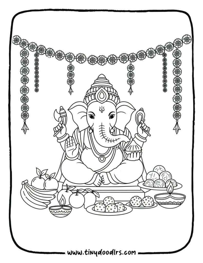 Cute Ganpati Bappa drawing for kids with festive hanging flowers