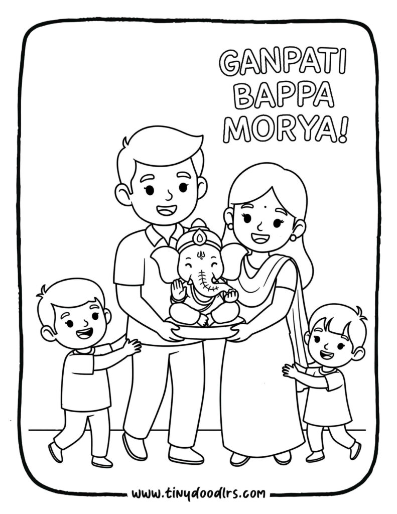 Ganpati Bappa drawing with kids welcoming idol at home
