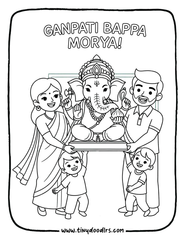 Cute Ganpati Bappa drawing showing family bringing home idol