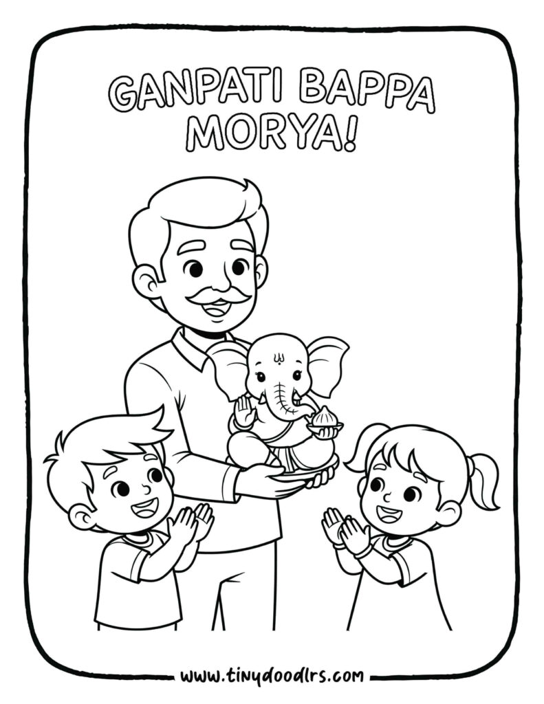 Happy family Ganpati Bappa drawing with kids clapping in joy