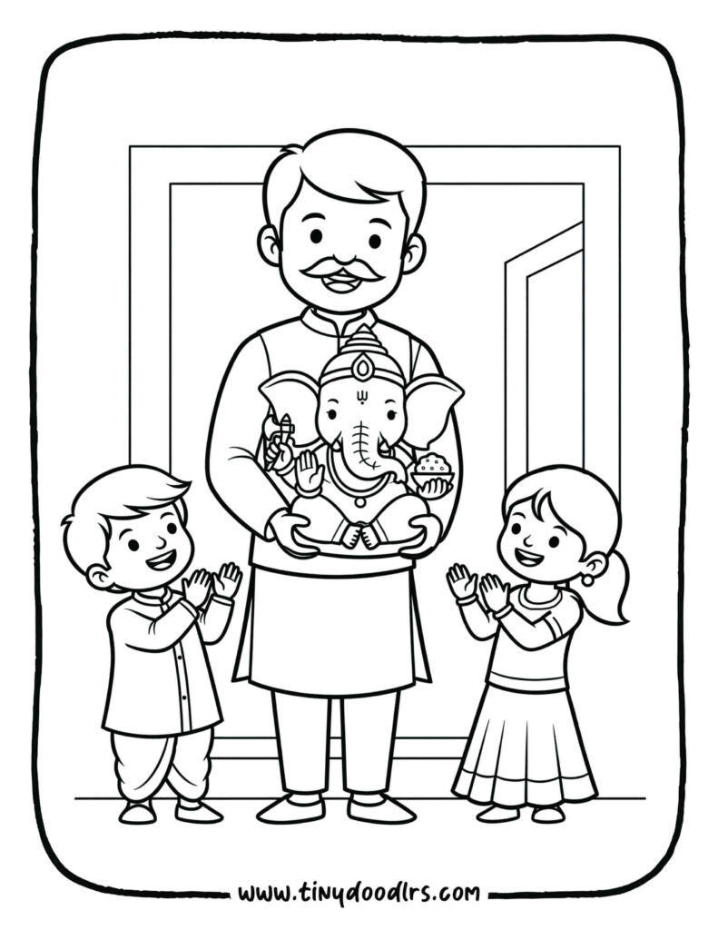 Ganpati Bappa drawing of father bringing idol home with children celebrating