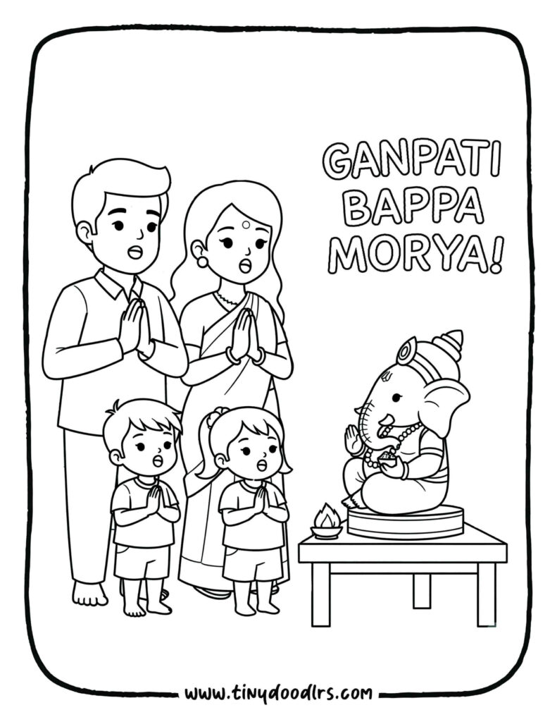 Ganpati Bappa drawing of family doing aarti together