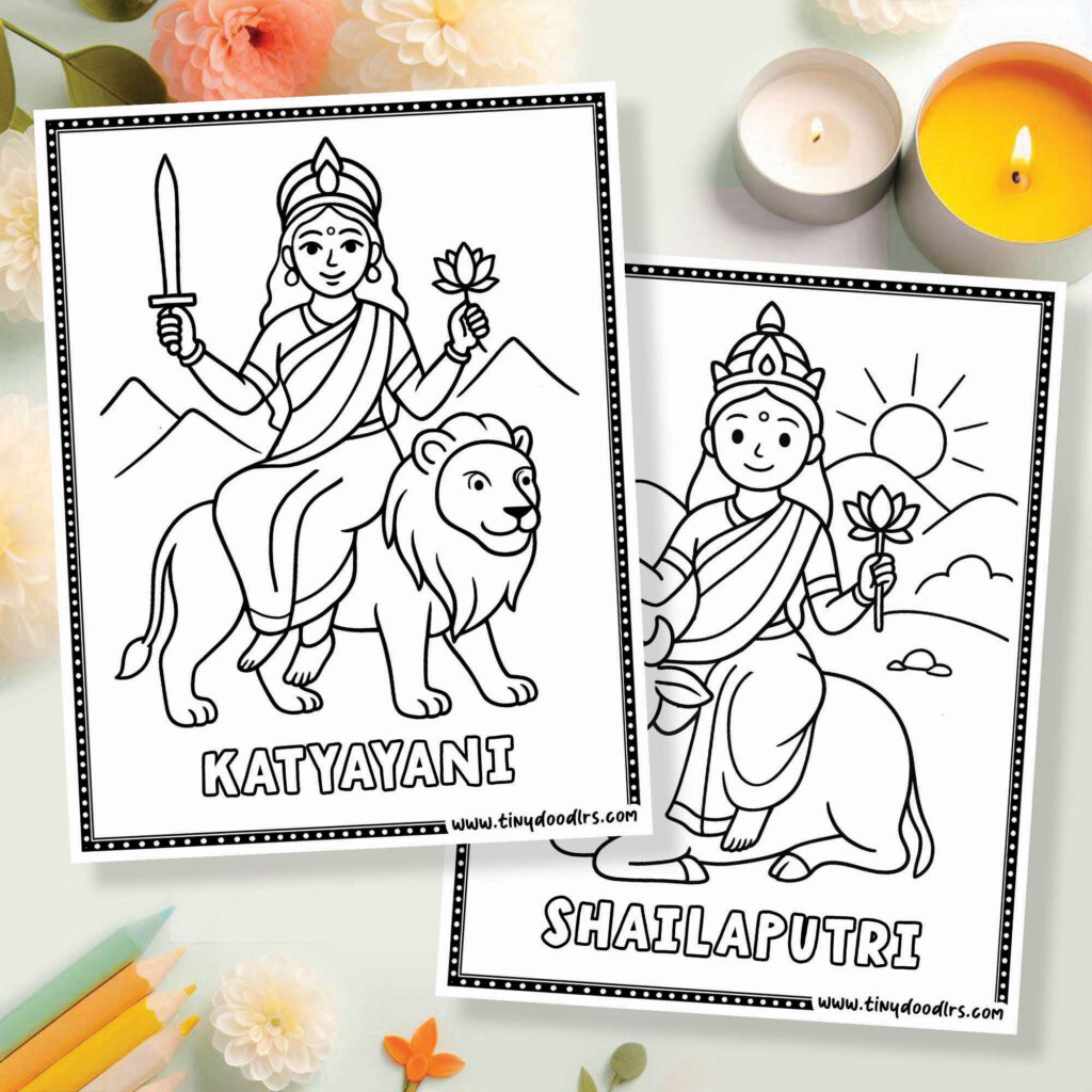 9 forms of Durga drawing coloring pages free printable