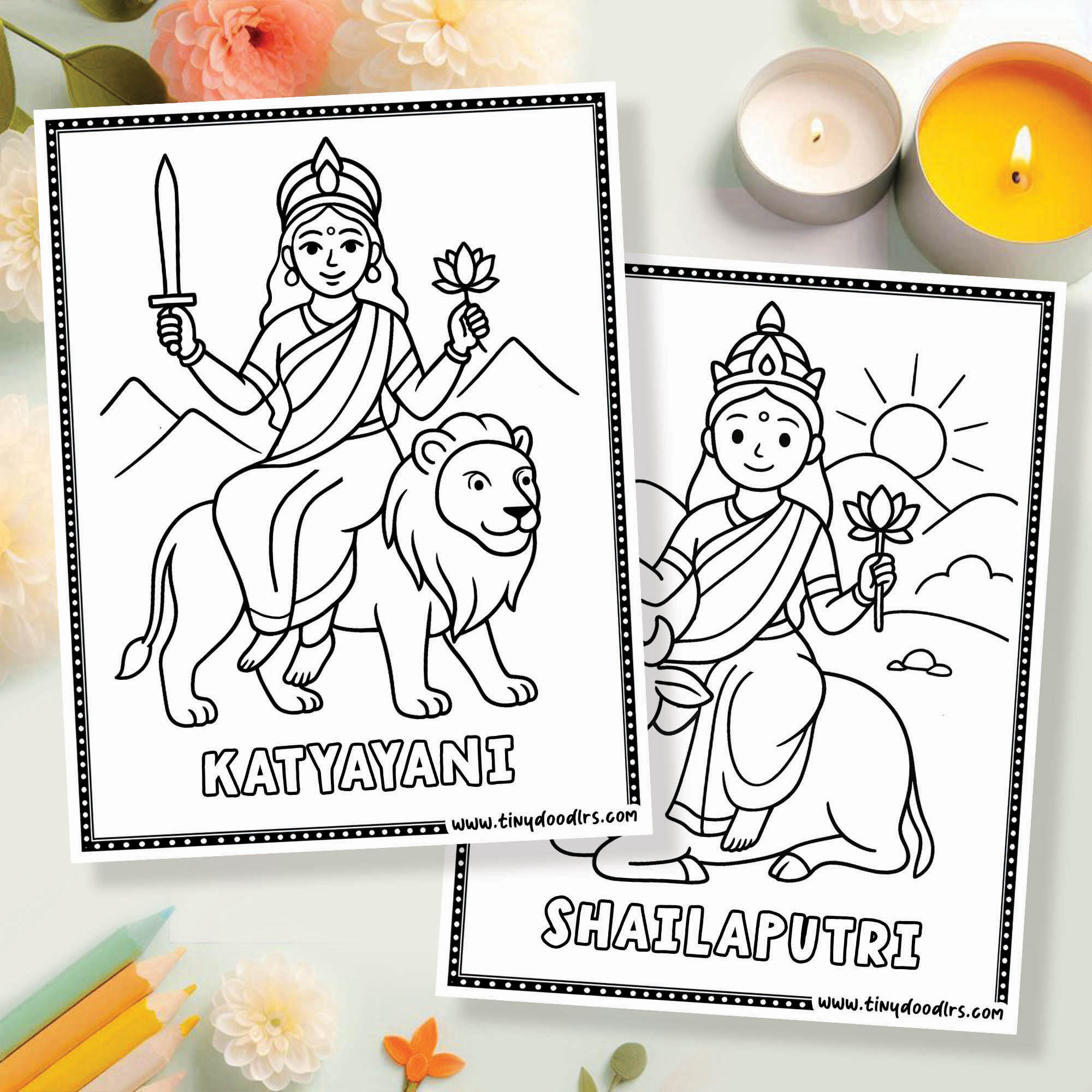 9 forms of Durga drawing coloring pages free printable