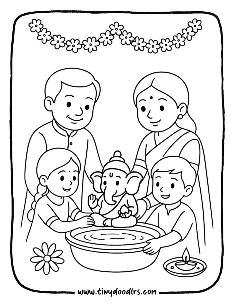 God Ganpati Drawing of children immersing clay idol in tub