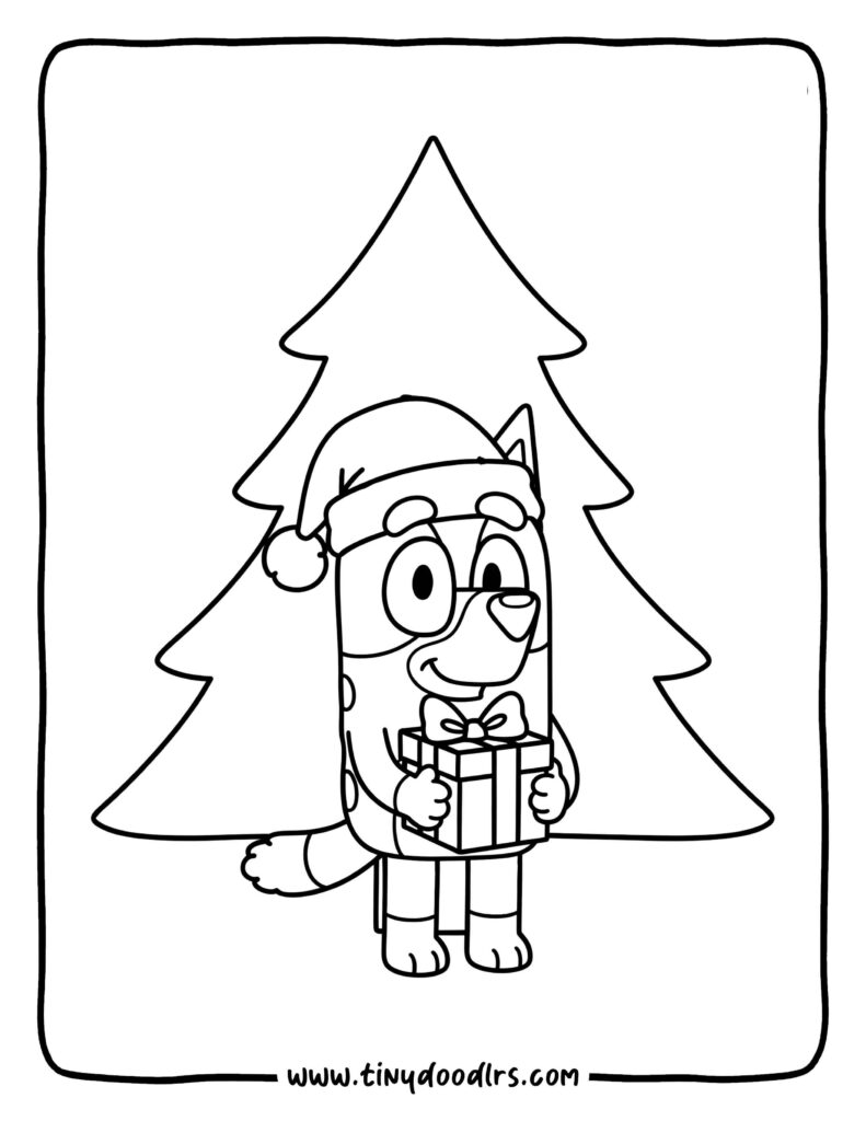 Bluey coloring sheets of Bluey wearing a Santa hat and holding a Christmas present under a tree