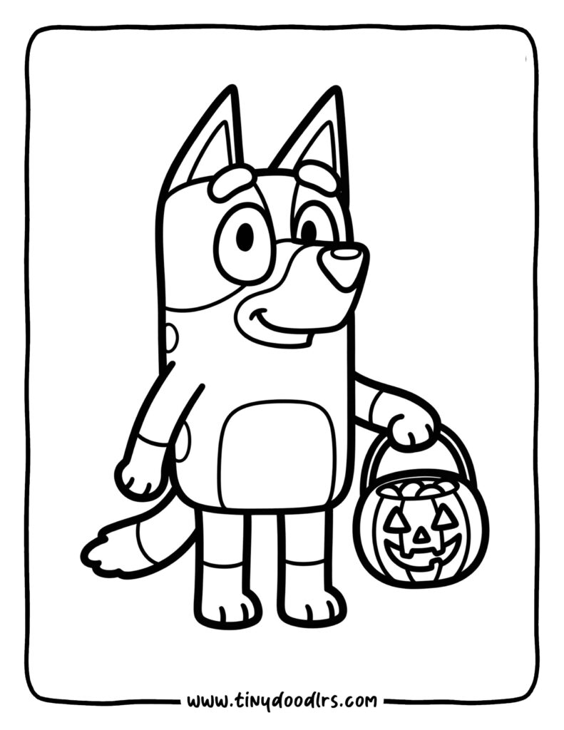 Bluey coloring sheets featuring Bluey trick-or-treating with a pumpkin candy bucket for Halloween