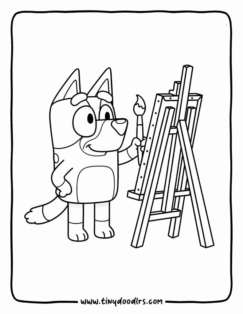 Bluey coloring sheets with Bluey painting at a simple easel with a single brush