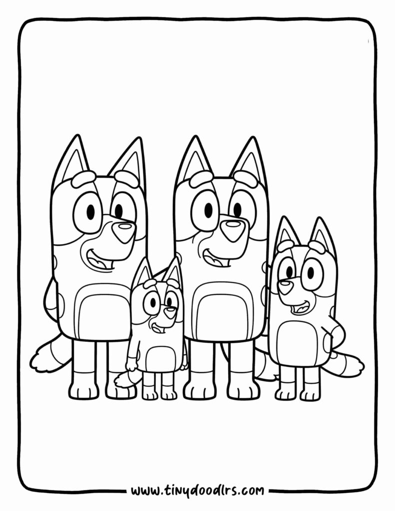 Bluey coloring sheets with the Heeler family portrait: Bandit, Chilli, Bluey, and Bingo standing together