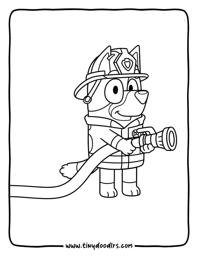 Bluey Dressed as a Firefighter Holding a Hose