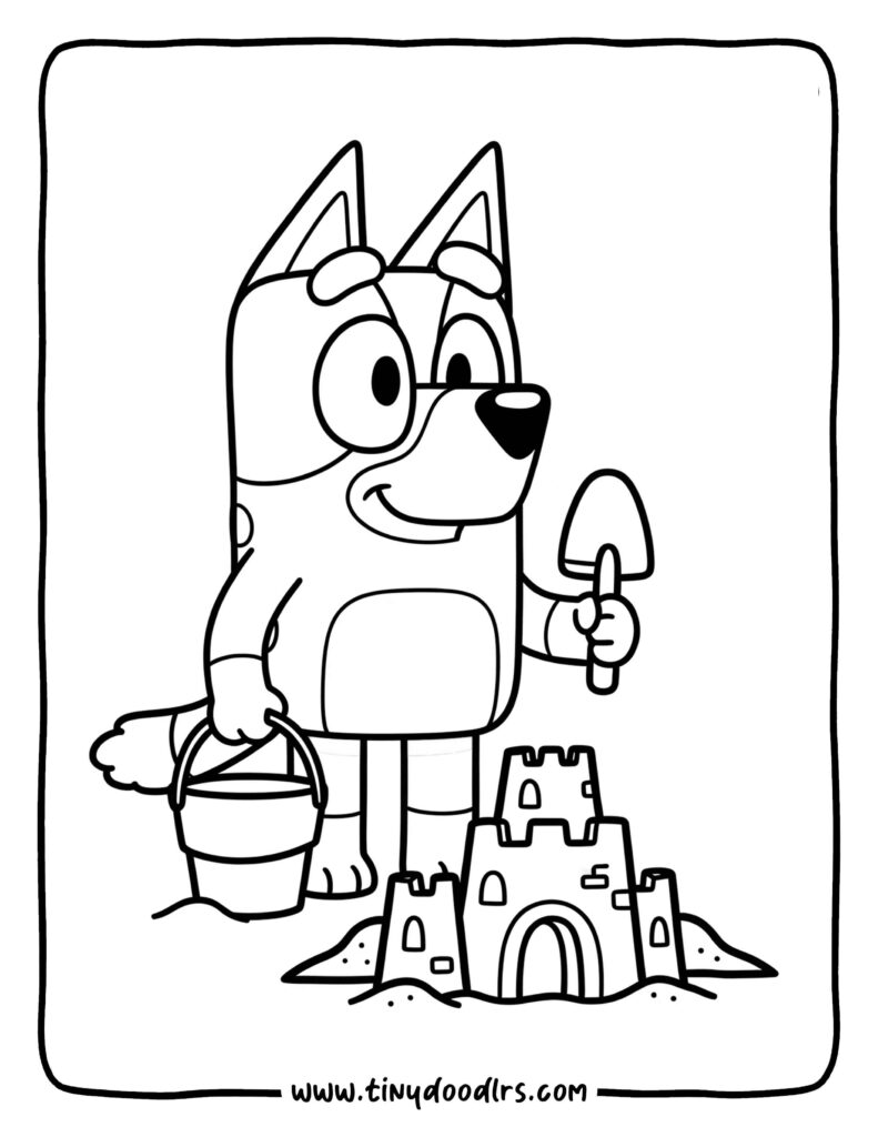 Bluey coloring sheets featuring Bluey building a sandcastle on the beach with a pail and shovel