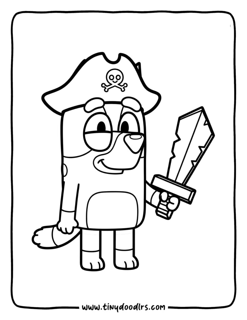 Bluey Dressed as a Pirate with a Simple Hat and Cardboard Sword