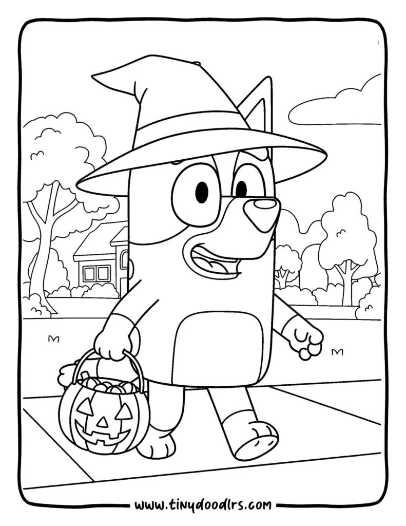 Bluey Halloween trick-or-treat coloring sheet