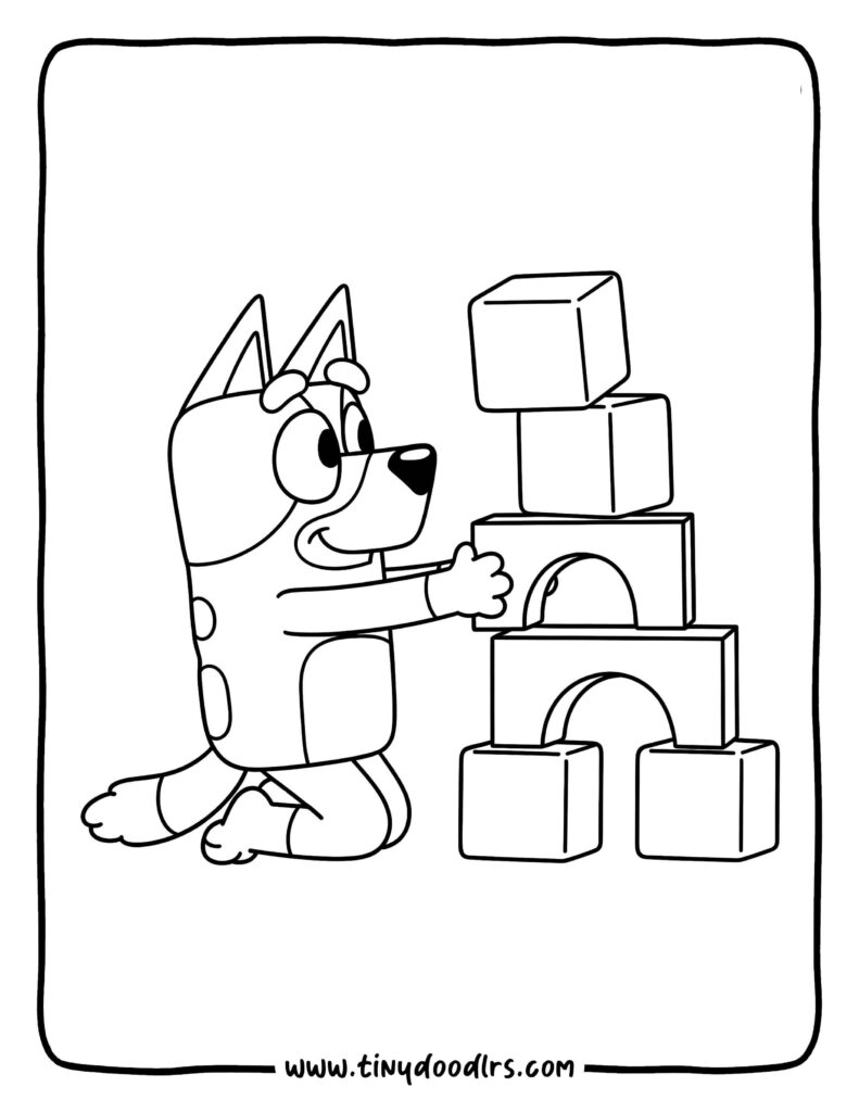 Bluey Stacking Building Blocks into a Short Tower