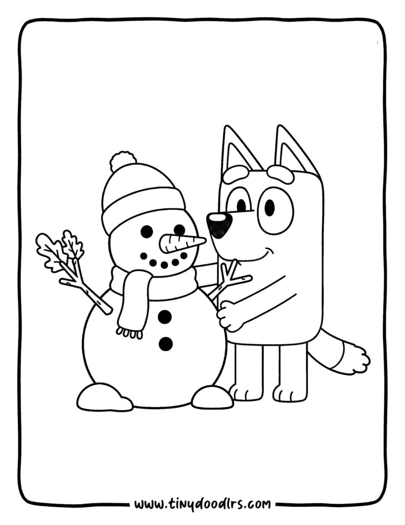 Bluey coloring sheets showing Bluey building a snowman with a carrot nose and scarf