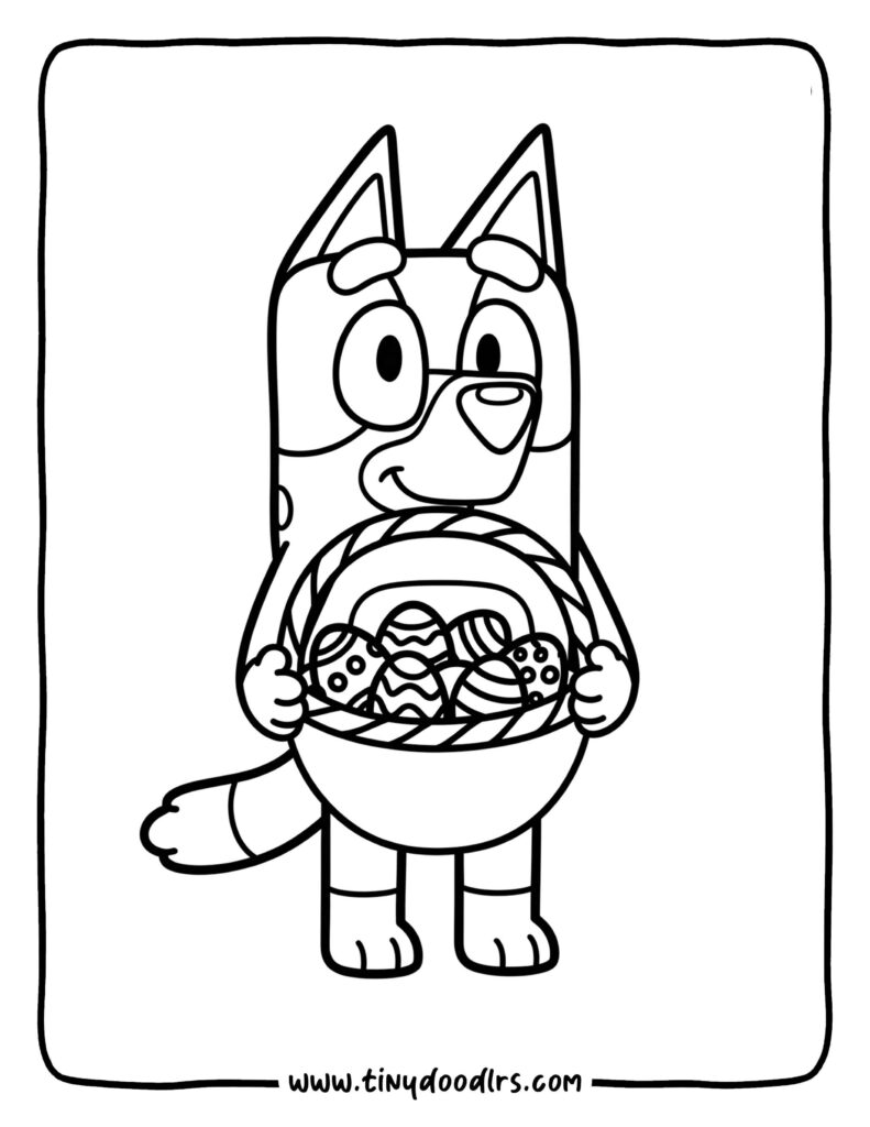 Bluey coloring sheets with Bluey holding a basket of Easter eggs for festive fun