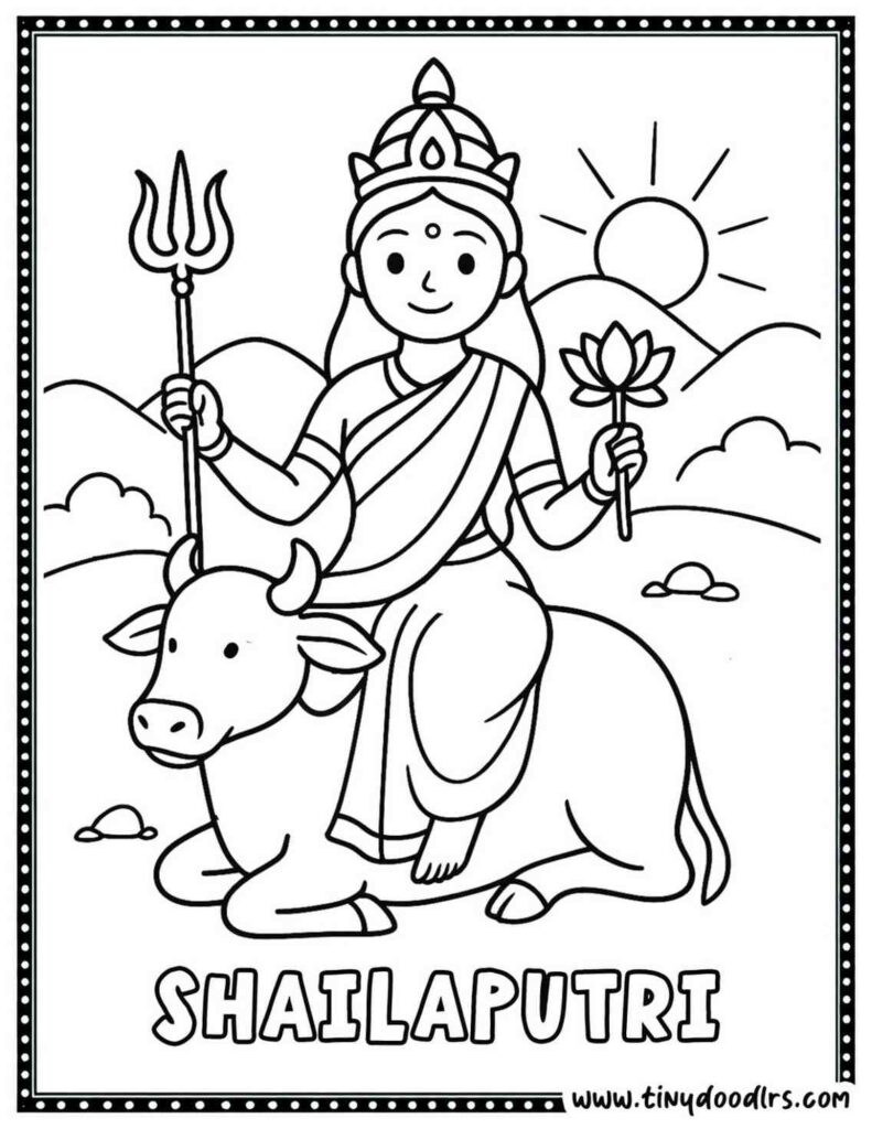 Maa Shailaputri Durga drawing for kids coloring page
