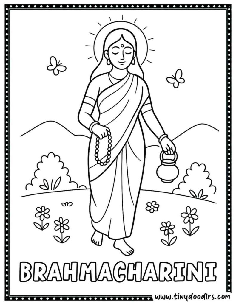 Easy Maa Brahmacharini Durga drawing and coloring sheet