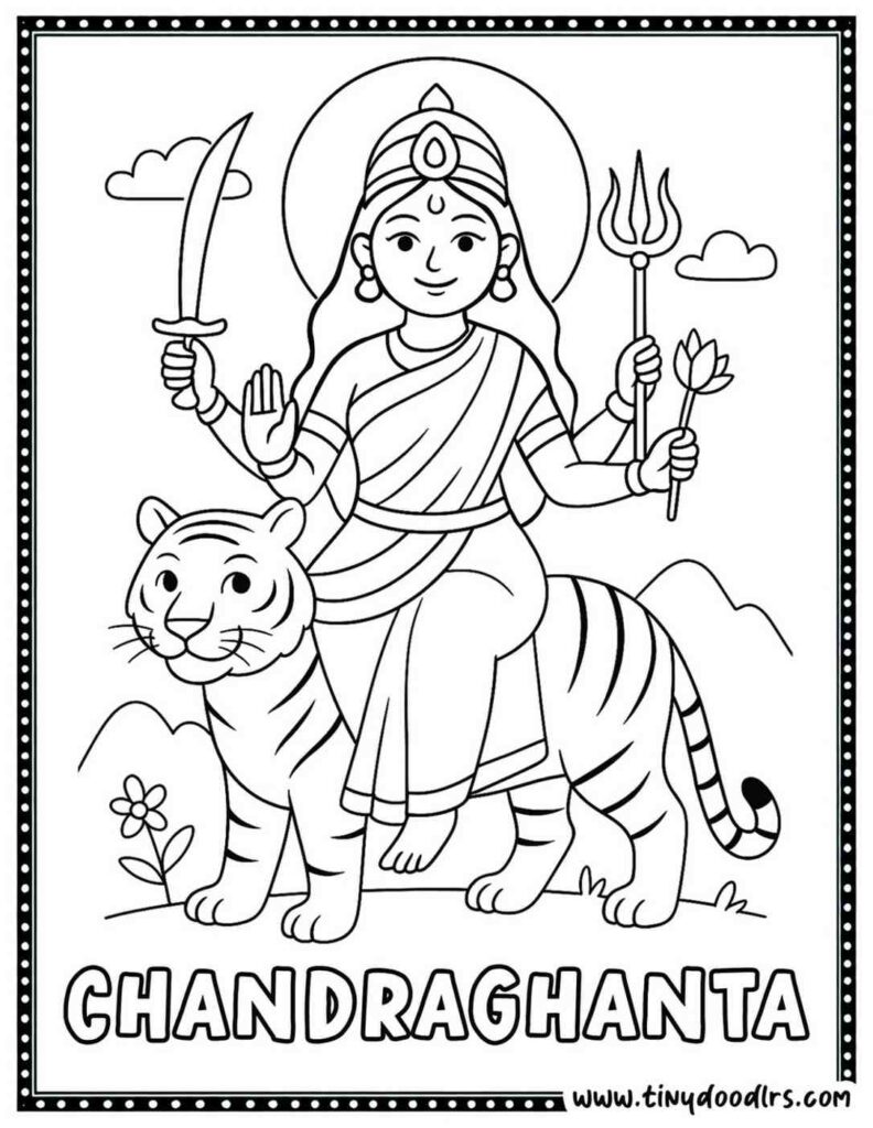 Maa Chandraghanta Durga drawing with tiger for children