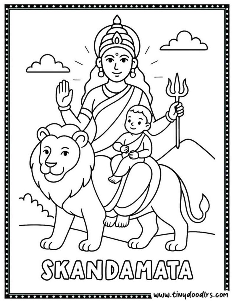 Maa Skandamata Durga drawing holding baby Skanda for kids