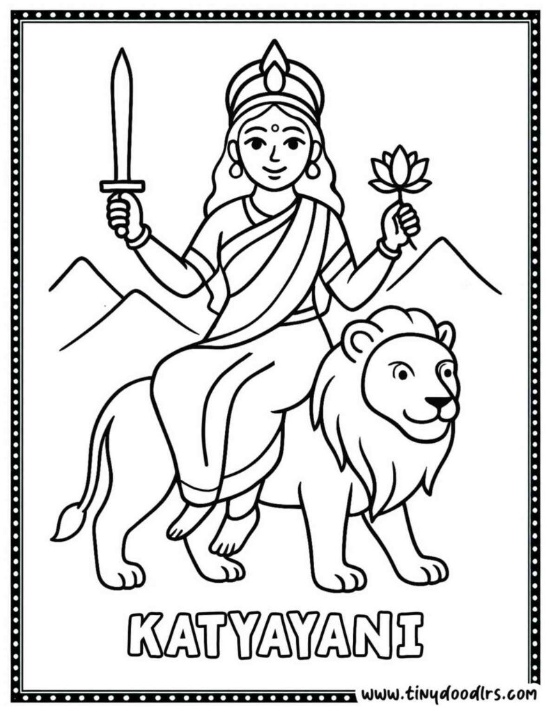 Maa Katyayani warrior Durga drawing coloring page free