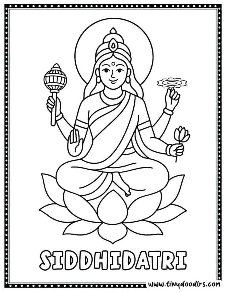 Maa Siddhidatri Durga drawing on lotus coloring page kids