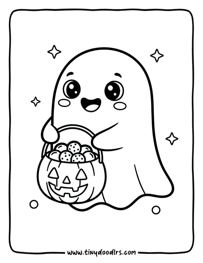 Cute ghost in Halloween costumes with candy buckets – printable halloween colouring sheet
