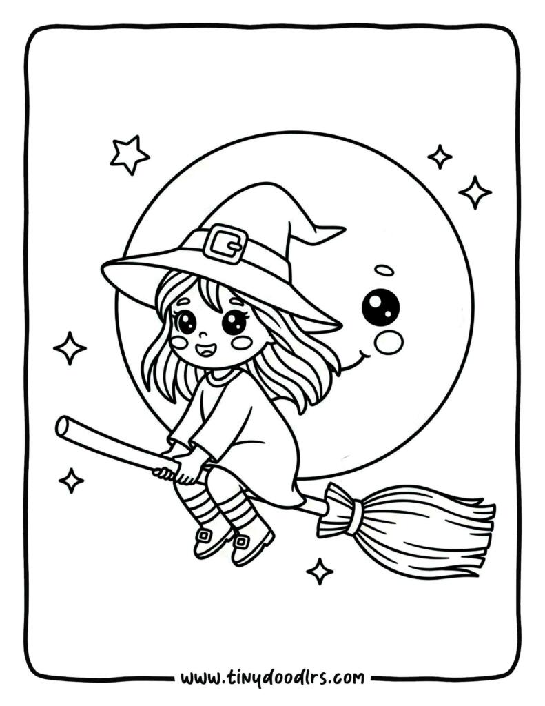 halloween witch flying coloring page