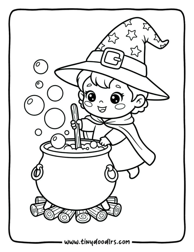 Cute baby witch mixing potion bubbles – adorable and easy halloween coloring pages
