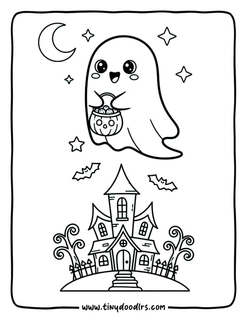 Happy ghost flying over haunted house – spooky halloween coloring pages printable