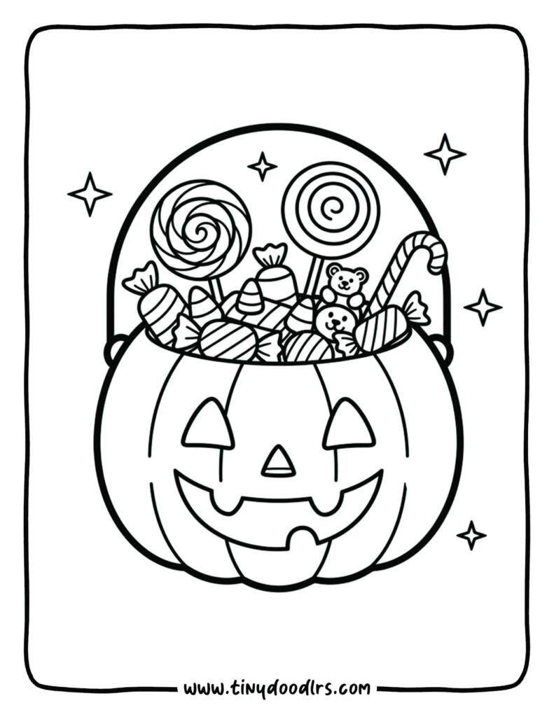 Little pumpkin basket filled with candies – free halloween coloring pages printable