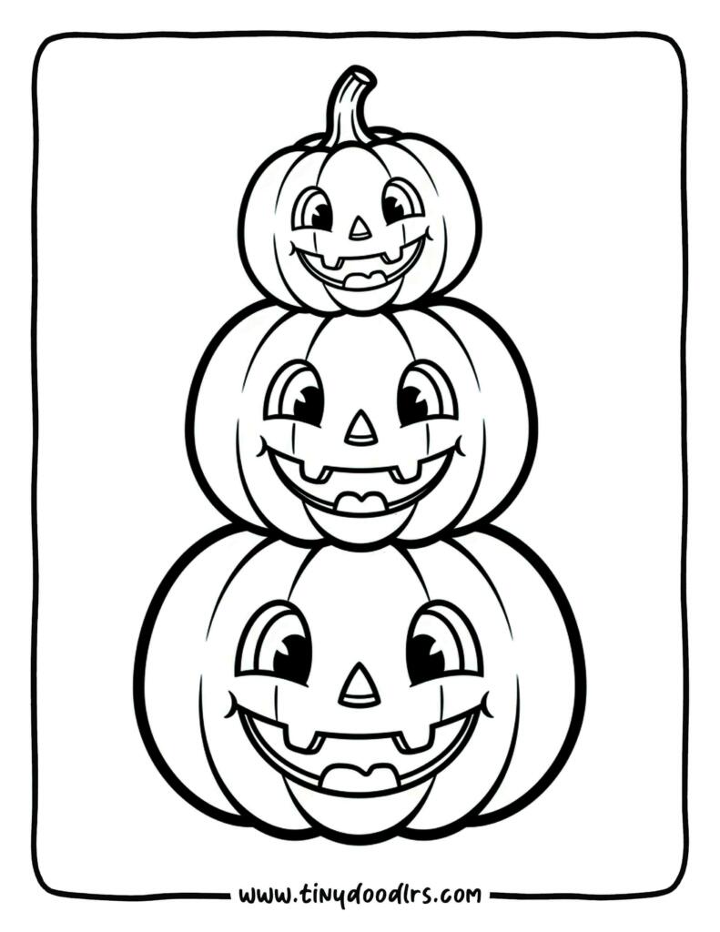 Smiling jack-o’-lanterns stacked like snowmen – free printable halloween coloring page pumpkin