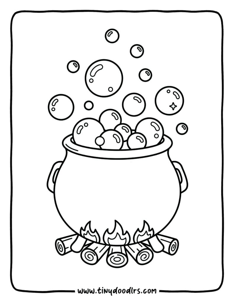 Witch’s cauldron with candy and stars floating out - halloween colouring sheet printable