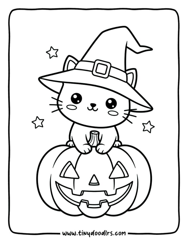 Happy black cat sitting on a pumpkin – cute halloween coloring page printable