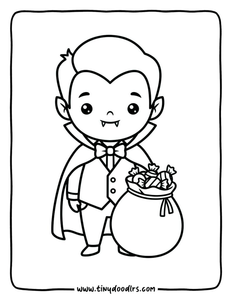 Adorable vampire boy trick-or-treating with a candy bag – halloween coloring pages for kids