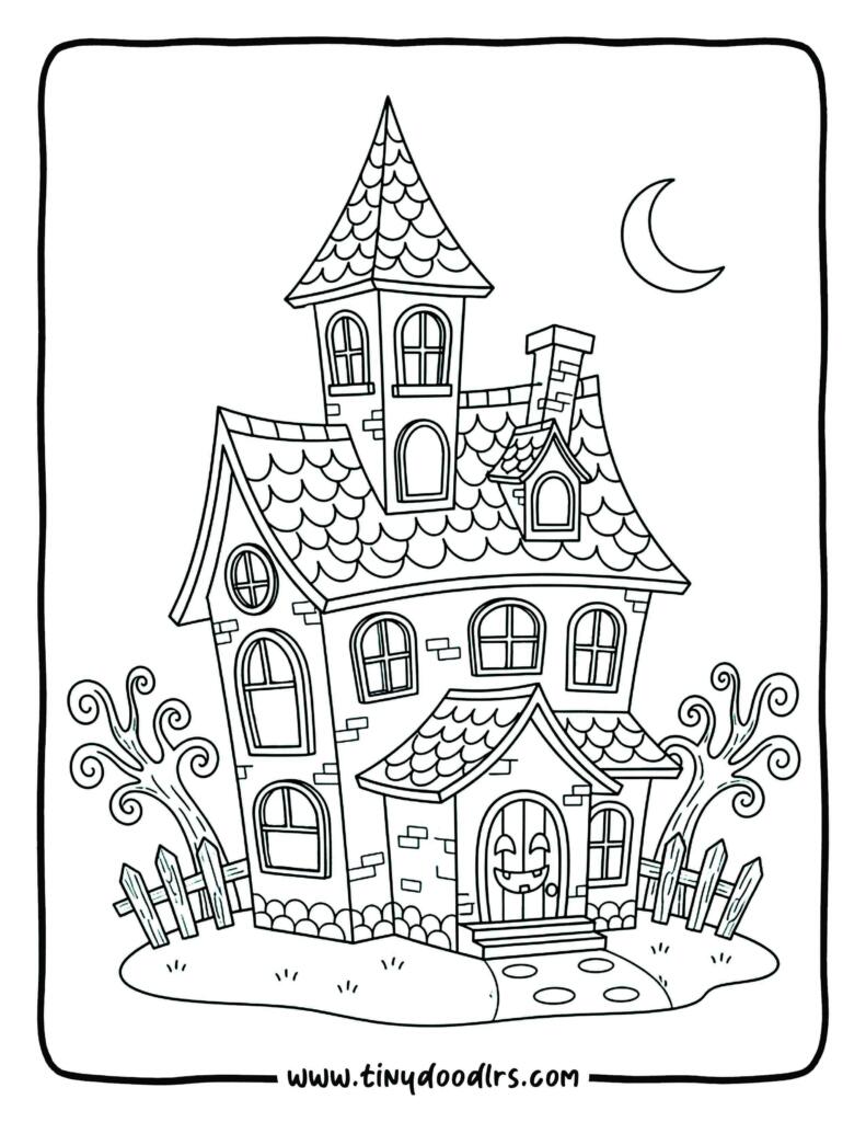 Haunted mansion with spooky face – halloween coloring page haunted house printable