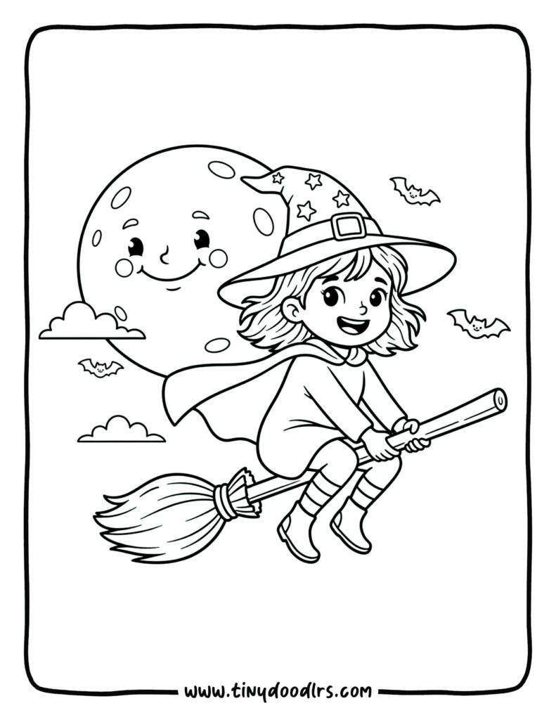 Little witch flying on a broom coloring sheets