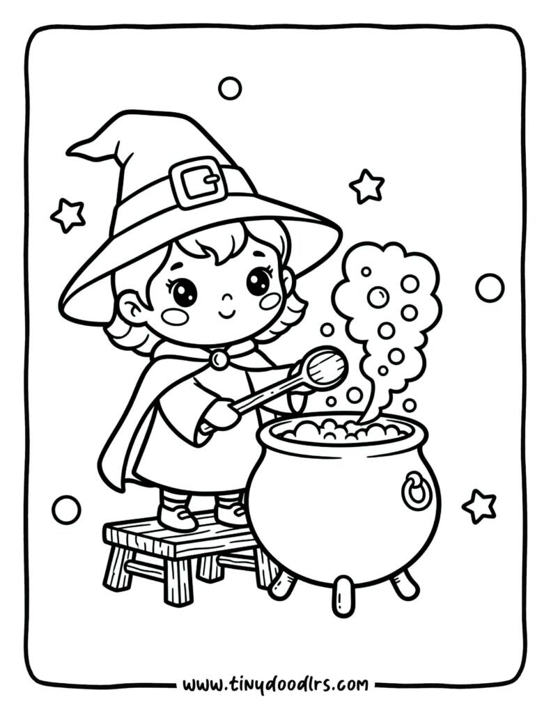 Little witch stirring potion in a cauldron – cute halloween coloring page for preschoolers
