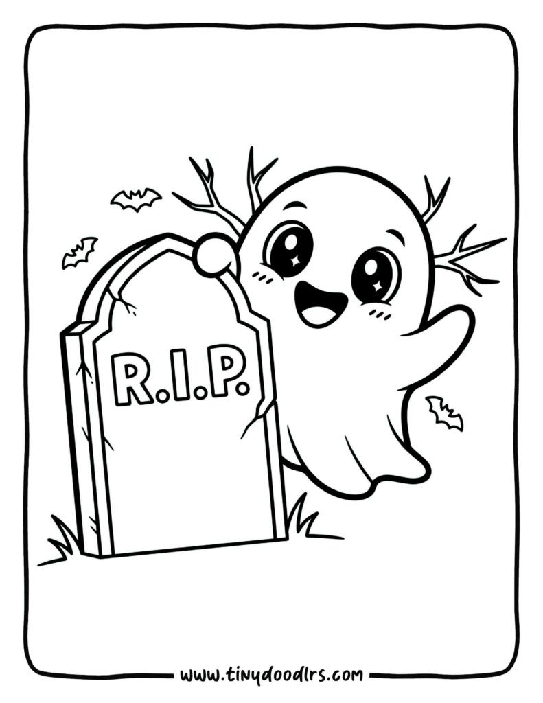 Cute ghost saying “Boo!” behind tombstone – fun halloween coloring pages printable
