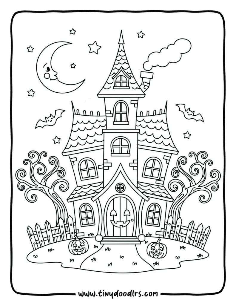 A haunted mansion with a spooky face coloring sheets 